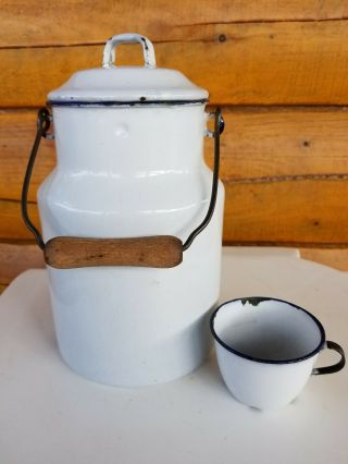 Antique Vintage White Enamel Pail (pot) With Lid/handle,  And Cup