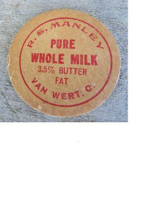 Early R.  S.  Manley Van Wert Ohio Milk Bottle Cap
