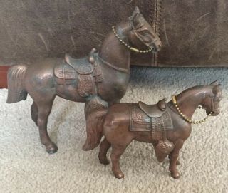 Vintage 2 Of Metal Horse Figurines With Chain Copper Or Bronze Toned Saddles