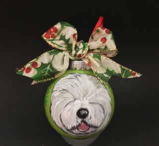Old English Sheepdog 3.  5” Hand Painted Shatter Proof Ornament Lime Green
