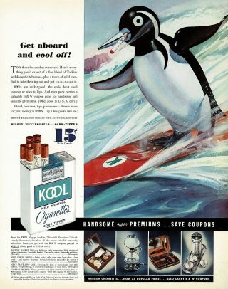 1930s Big Vintage Kool Cigarettes Smoking Surfing Penguin Art Print Ad