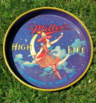 Vintage 12 " Miller High Life Advertising Beer Tray Girl Sitting On The Moon