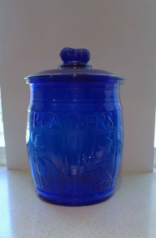 Vintage Planters " Running " Mr.  Peanut Jar_cobalt Blue Glass_barrel Shape_10 1/2 "