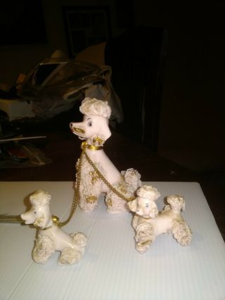 Vintage 50s Porcelain Spaghetti 3 Pink Gold Poodles Figurines Mom Pups On Chain