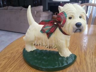 West Highland Terrier Cast Iron Doorstop Westie Dog With Plaid Ribbon Bow,  Cute