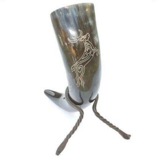 Viking Medieval Celtic Stag Drinking Horn & Iron Rack For Re - Enactment Or Larp