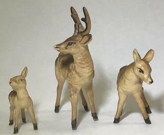 Miniature Deer Family Figurines Buck Doe Fawn Hard Plastic Hong Kong Vtg Xmas