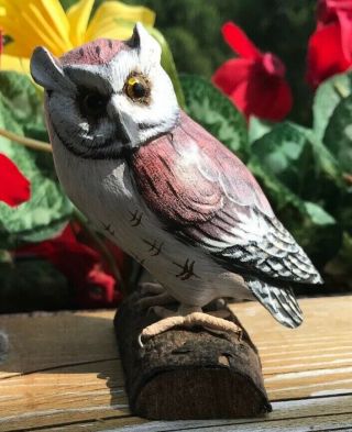 Hand Carved And Painted Wood Owl On Wooden Mount