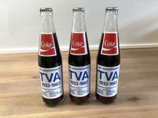 Set Of 3 Vintage Tva Coca Cola Bottles 50th Anniversary,  10oz Bottles