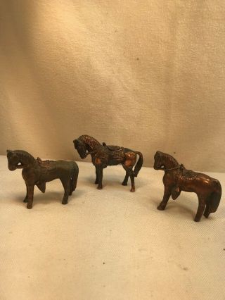 Vtg 3pc 40’s Cast Metal Brass Finish Western Saddle Horse Figurine Toy Miniature