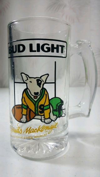 Vintage Bud Light Mug Stein Spuds Mackenzie Football Heavy Clear Glass 1987 Rare