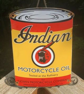 Vintage Indian Porcelain Oil Can Sign Gas Station Pump Plate Motor Oil