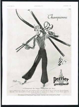 Perrier Ad Skiing Championne Ski Lodge 1936 Vintage Print Ad Retro