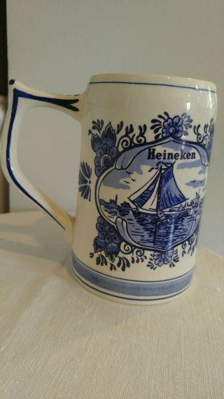 Beer Mug Hand - Painted Heineken Delft Blue Sailing Ship & Windmill Holland Euc