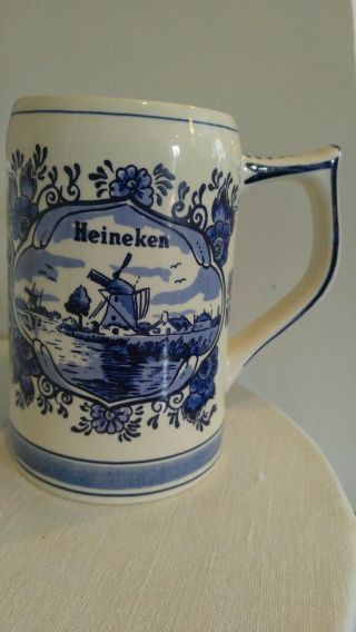 Beer Mug Hand - painted Heineken Delft Blue Sailing Ship & Windmill Holland EUC 2