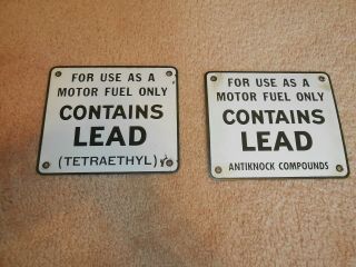 2 Old Contains Lead Gas Pump Signs Tetraethyl & Antiknock Gas & Oil Advertising