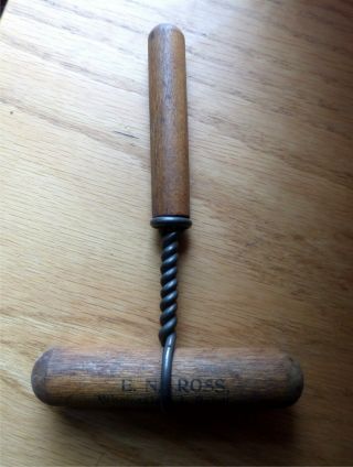 Wooden Bottle Opener Cork Screw " E.  N.  Ross / 148 - 160 Genesee St / Auburn,  Ny "