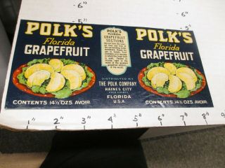 Polks Florida Grapefruit 1930s Metal Tin Can Food Paper Label Haines City Fl