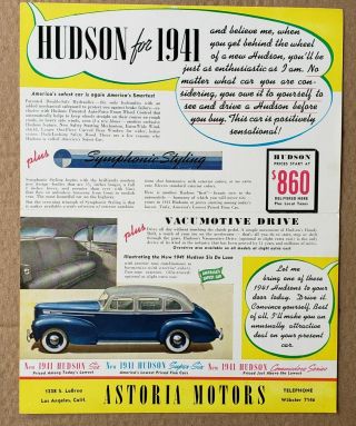 Rare Hudson For 1941 Sales Brochure Astoria Motors,  Los Angles Mail Ad