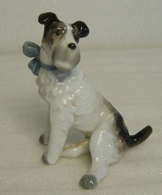 Lovely Old Porcelain Fox Terrier Dog With Blue Loop Figurine