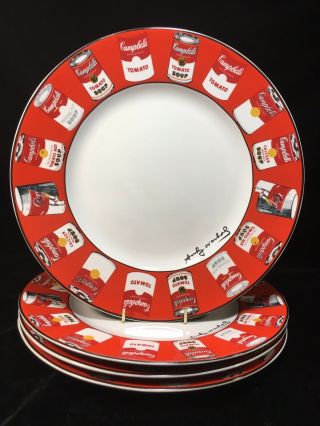 (4) Andy Warhol Block Art Campbell Soup Cans 10.  625 Inch " Dinner Plates -
