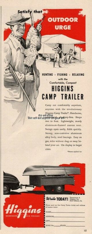 1947 Higgins Camp Trailer Pop Up Tent Camper Boat Rack Pheasant Hunt Print Ad