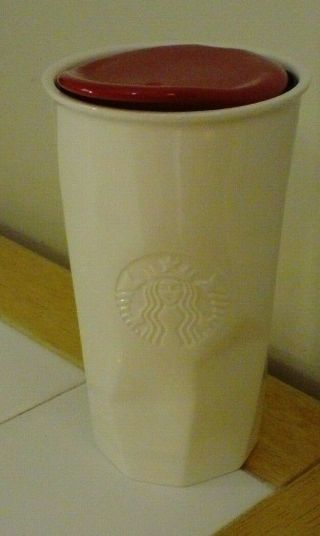 Starbucks White Mermaid Embossed Faceted Ceramic Travel Mug Tumbler 10 Oz 2013