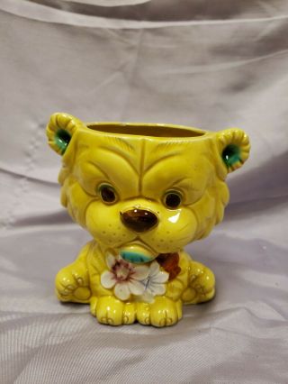Vintage Ceramic Yellow Cub Cat Head Vase Planter Numbered On Bottom