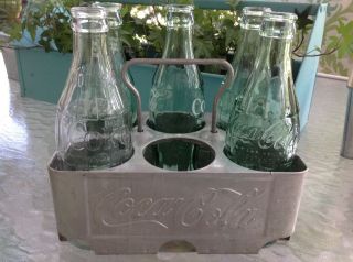 Vtg Coca - Cola Aluminum Metal Carrier With Vintage Bottles 2 W/raised Lettering