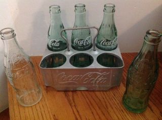 Vtg Coca - Cola aluminum metal carrier with vintage bottles 2 w/raised lettering 2