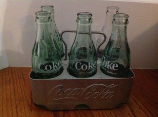 Vtg Coca - Cola aluminum metal carrier with vintage bottles 2 w/raised lettering 3