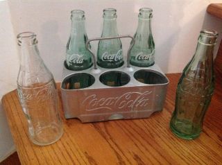 Vtg Coca - Cola aluminum metal carrier with vintage bottles 2 w/raised lettering 4