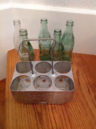 Vtg Coca - Cola aluminum metal carrier with vintage bottles 2 w/raised lettering 5