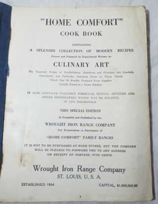 Old Antique 1921 HOME COMFORT COOKBOOK Advertising WROUGHT IRON RANGE CO. 2