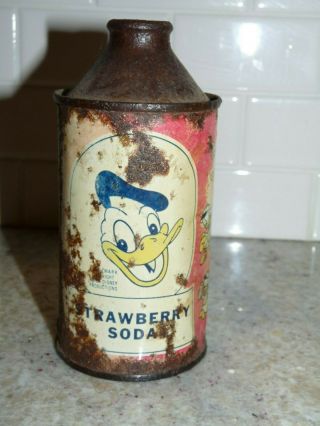 Vintage Donald Duck Strawberry Soda Can Cone Top 12 Oz Walt Disney Old Steel Pop