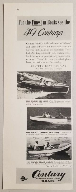 1949 Print Ad Century Boat Sea Maid,  Imperial Sportsman,  Deluxe Angler Manistee,  Mi