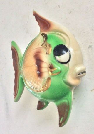 Vintage Mid Century Big Eyed Green Angel Fish Wall Pocket