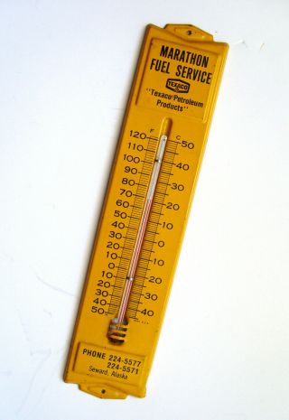Vintage Marathon & Texaco Seward Alaska Tin Advertising Sign Thermometer