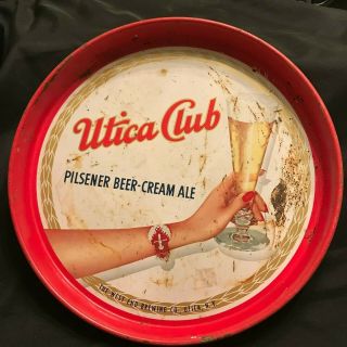 Vintage 60s Utica Club Beer Serving Tray 12 " Sign Tin Metal Brewery Collectible