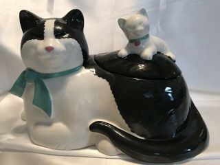 Vintage Black And White Cat With Kitten On Back —ceramic Cookie Jar