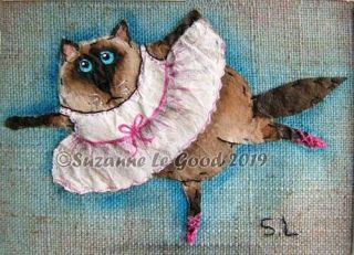 Siamese Cat Art Painting Aceo Teabag On Linen Ballet Mounted By Suzanne Le Good