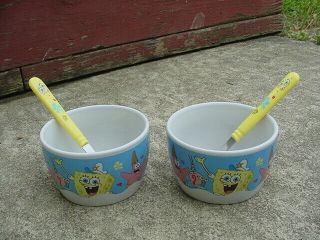 2 Spongebob Squarepants 4 " Cereal Bowls Ice Cream W/spoons