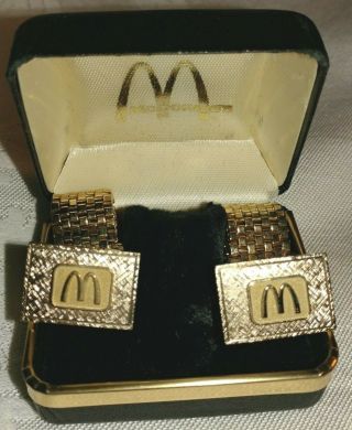 Mcdonalds Cuff Links Vintage In Case (? Service Award) Golden Arches - Gold Tone