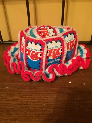 Vintage Crochet Hand Knit Rc Cola Pop Can Hat Royal Crown Usa Red White Blue