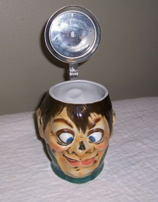 Vintage German Googly Eyes Man ' s Face Fly On Nose Lidded Stein 2