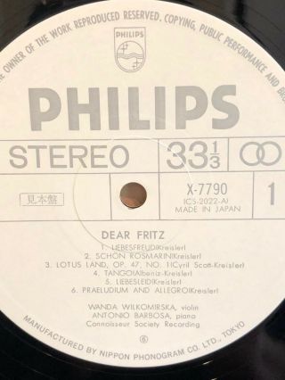 Ultra Rare Philips Japan Promo Stereo X - 7790 Wilkomirska ' Dear Fritz ' NM,  w/Obi 2