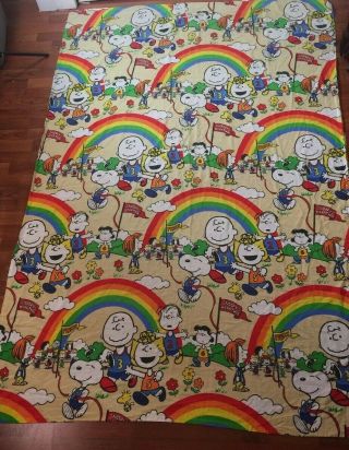 Vintage Peanuts Gang Flat Twin ? Bed Sheet Fabric Racing Cars Snoopy Charlie