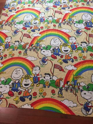 Vintage Peanuts Gang Flat Twin ? Bed Sheet Fabric Racing Cars Snoopy Charlie 2