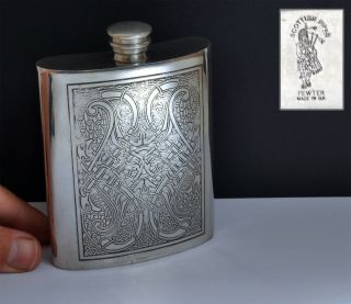Vintage Pewter Hip Flask By Scottish Piper Pewter With Ornate Design - 11cm High