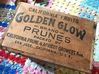 Vintage Fruit Crate Wood Box Golden Glow Brand Prunes & Apricot,  Graphics